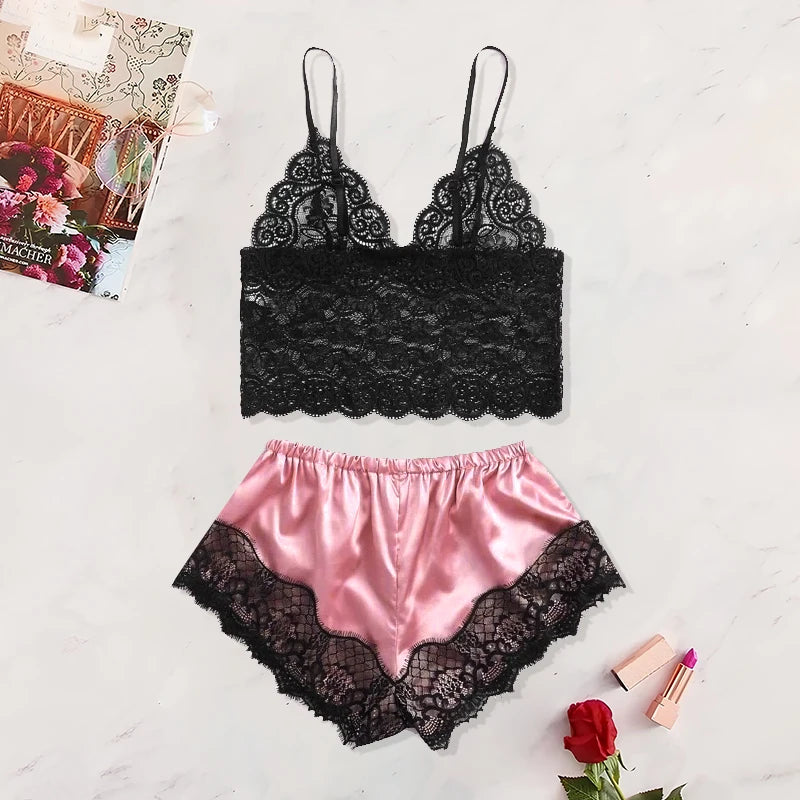 LaceWhisper β 2PCS Women's See-Through Lace Pajama Set