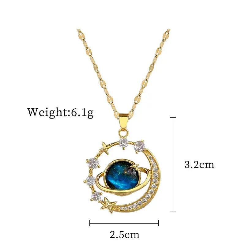 Titanium Star & Planet Pendant Necklace β Gold Astronaut Moon Charm Jewelry for Women