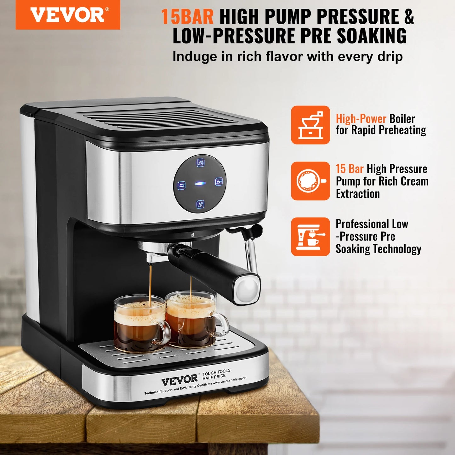 VEVOR 15-Bar Espresso Machine β Semi-Automatic Coffee Maker with Milk Frother