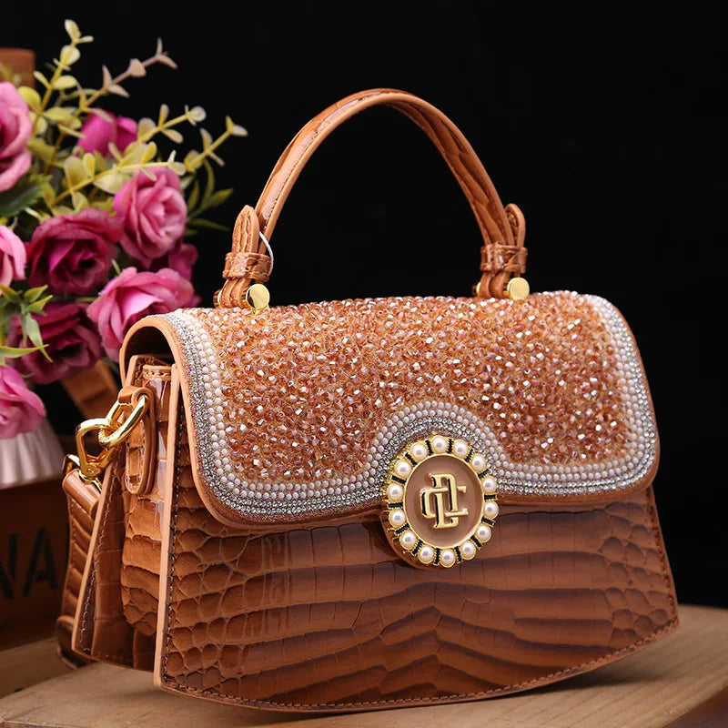 CrimsonGlam β 2025 Croc-Pattern Diamond Shell Handbag