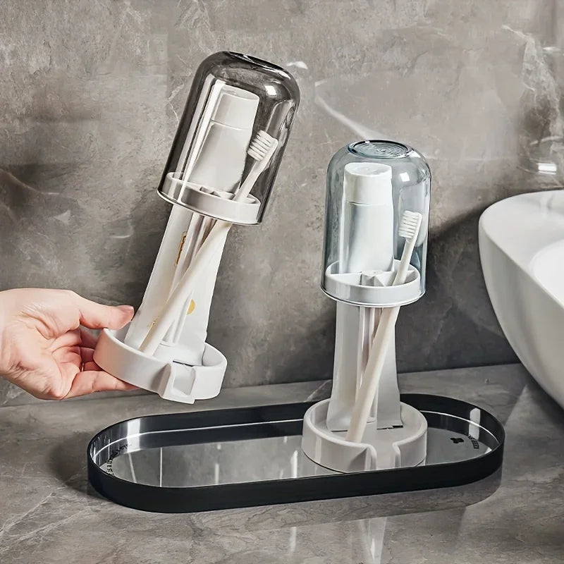 Toothbrush Holder With Dust Cover Drainage Design Plastic Multifunctional Bathroom Organizer For Cups Home Essentials
