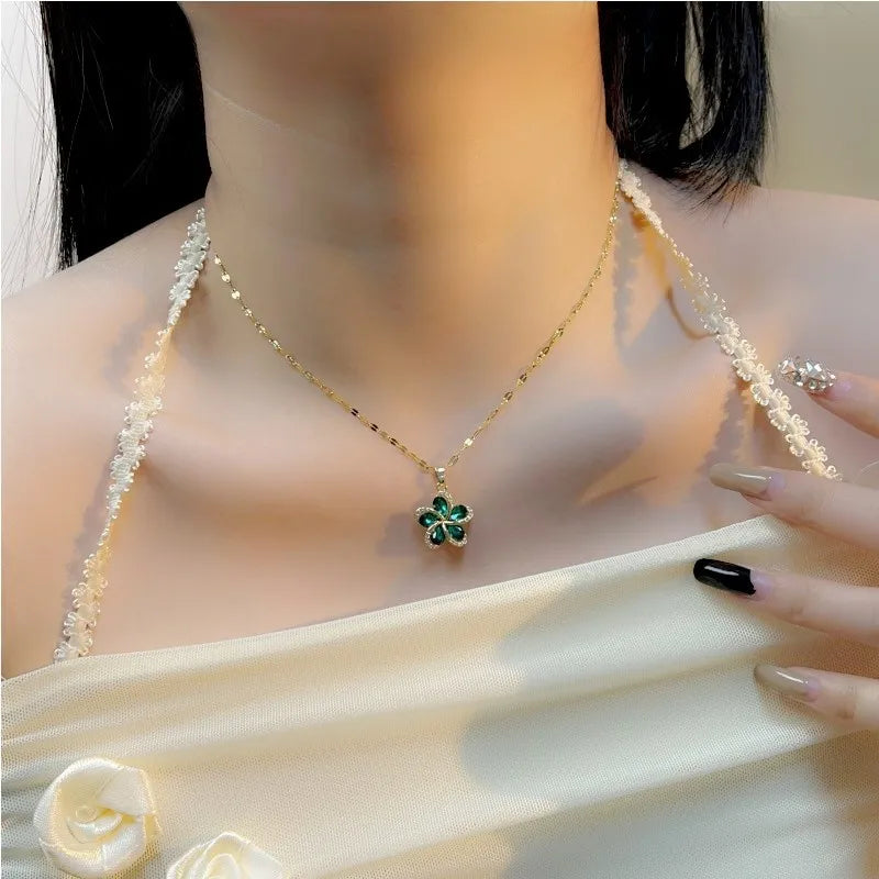 Green Zircon Flower Pendant Necklace β Stainless Steel Lucky Chain for Women