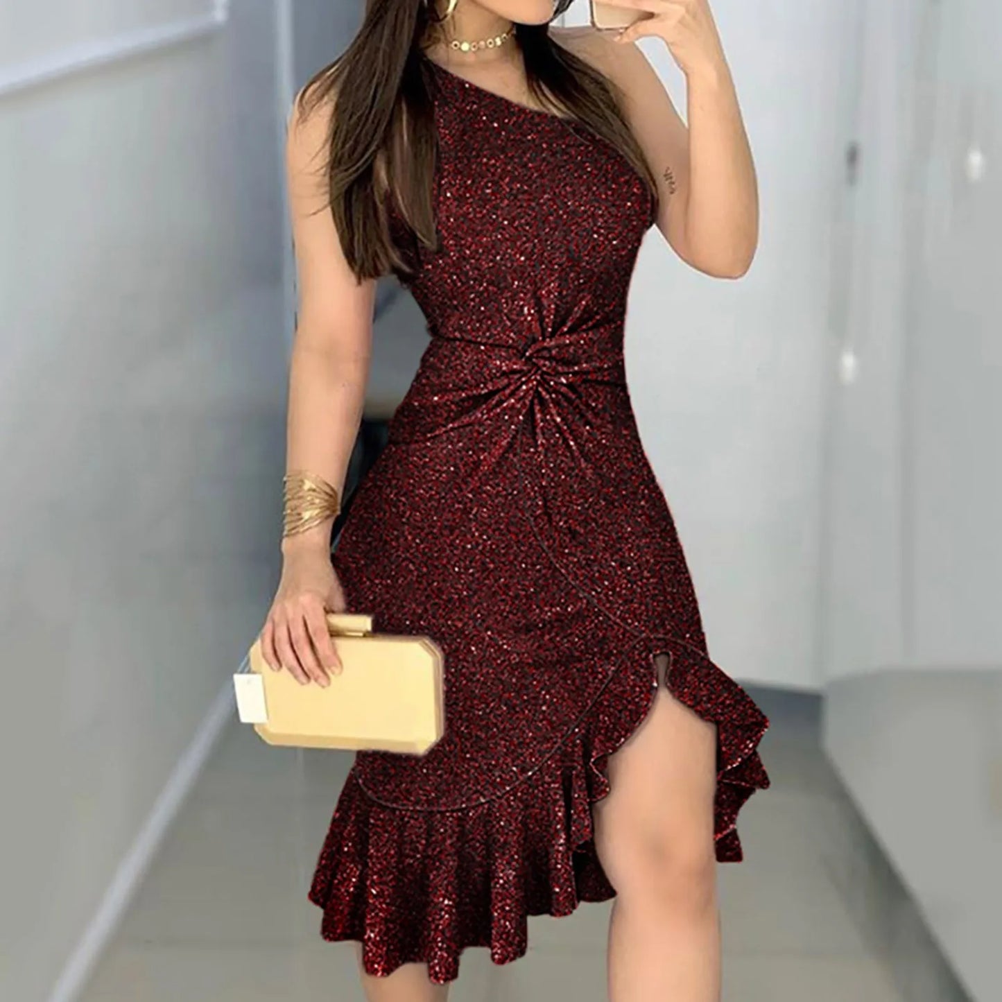 GlamEdge β One-Shoulder Sequin Split Dress