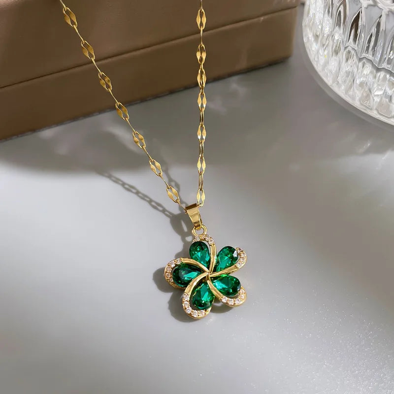 Green Zircon Flower Pendant Necklace β Stainless Steel Lucky Chain for Women