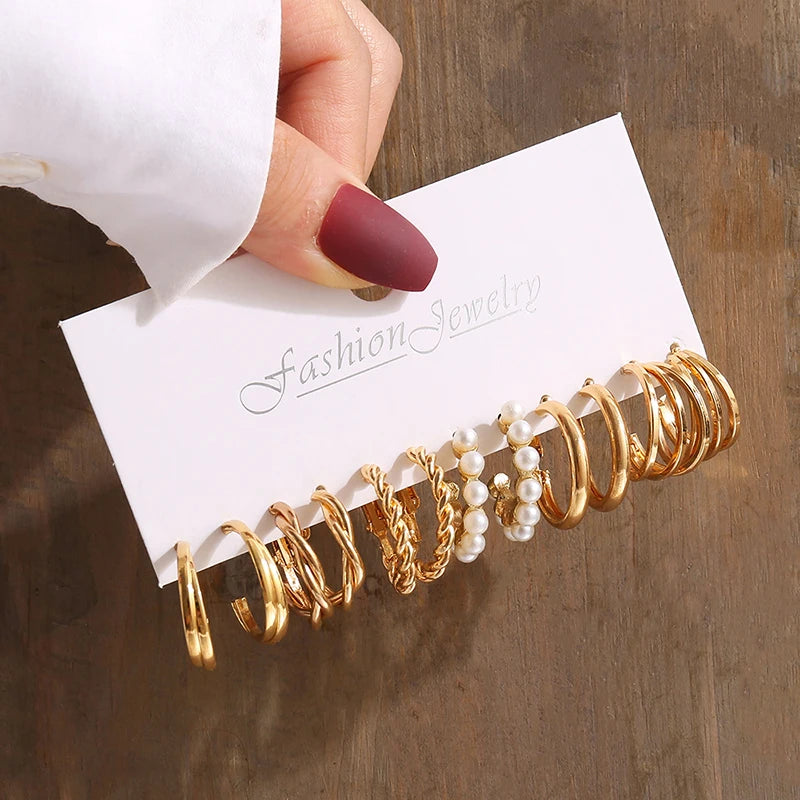 GeoPearl β Vintage Gold Geometric Pearl Earrings Set
