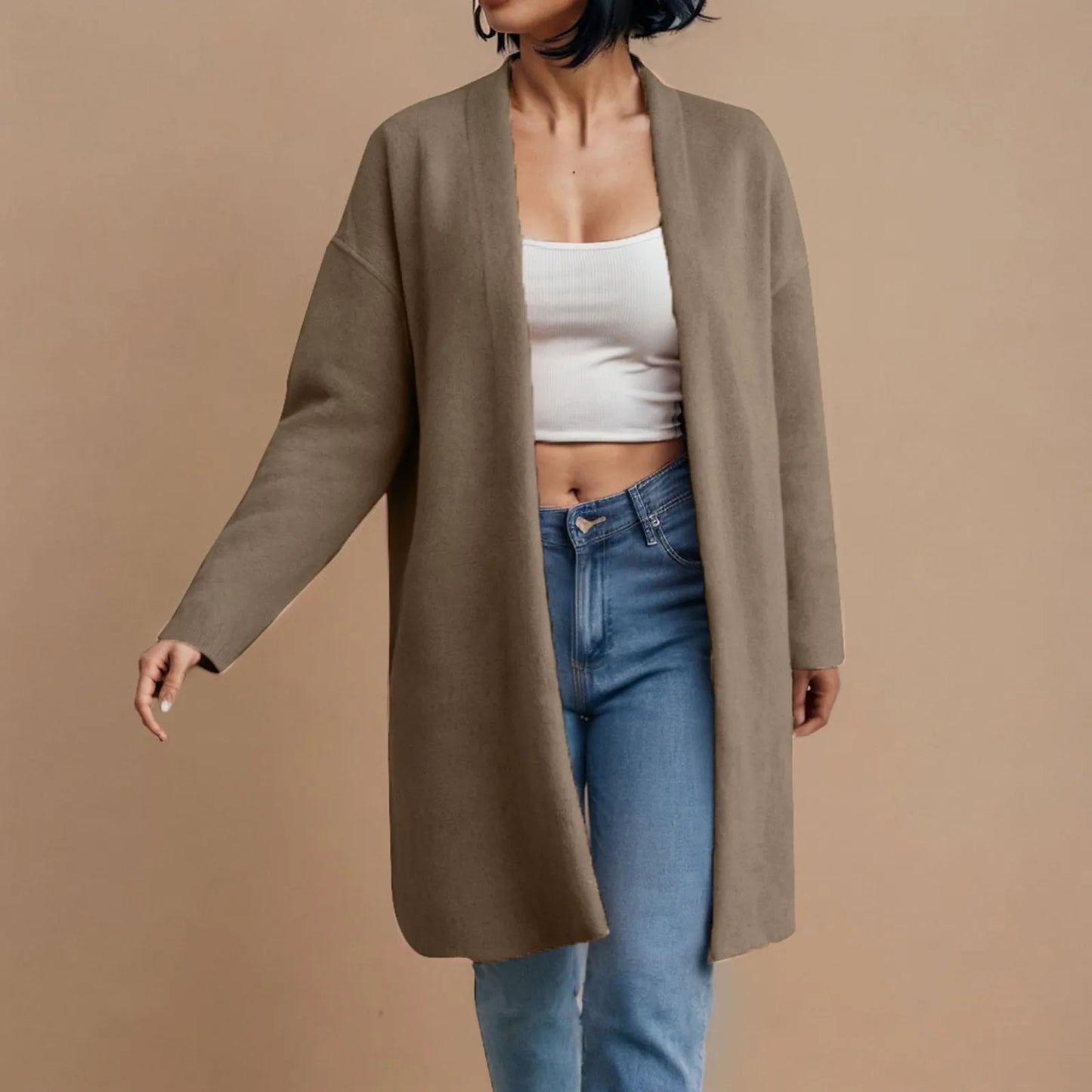 CozyEase β Women's Long Knit Cardigan with V-Neck & Open Front