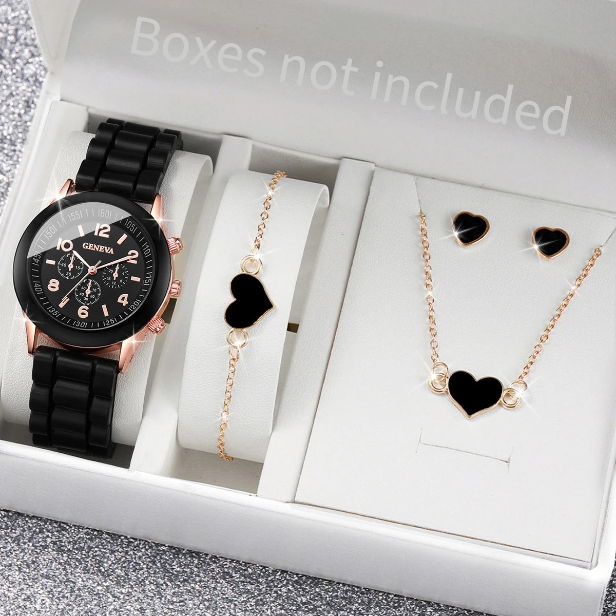 5/6PCS Women’s Fashion Watch & Jewelry Set – Silicone Band Quartz Watches Gift (No Box)
