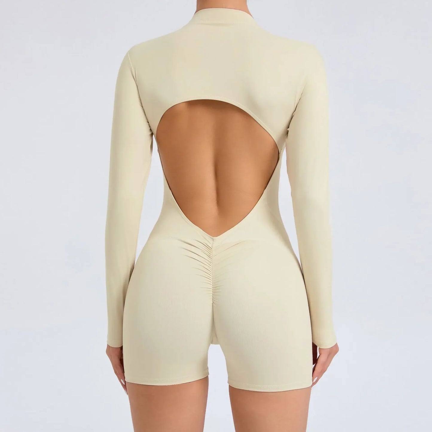 V-Back Scrunch One-Piece Jumpsuit β Push-Up Zipper Workout Bodysuit for Women