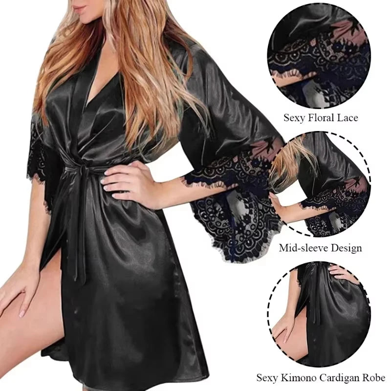 Lace Satin Robe & G-String Set β French Half-Sleeve Nightdress Sleepwear
