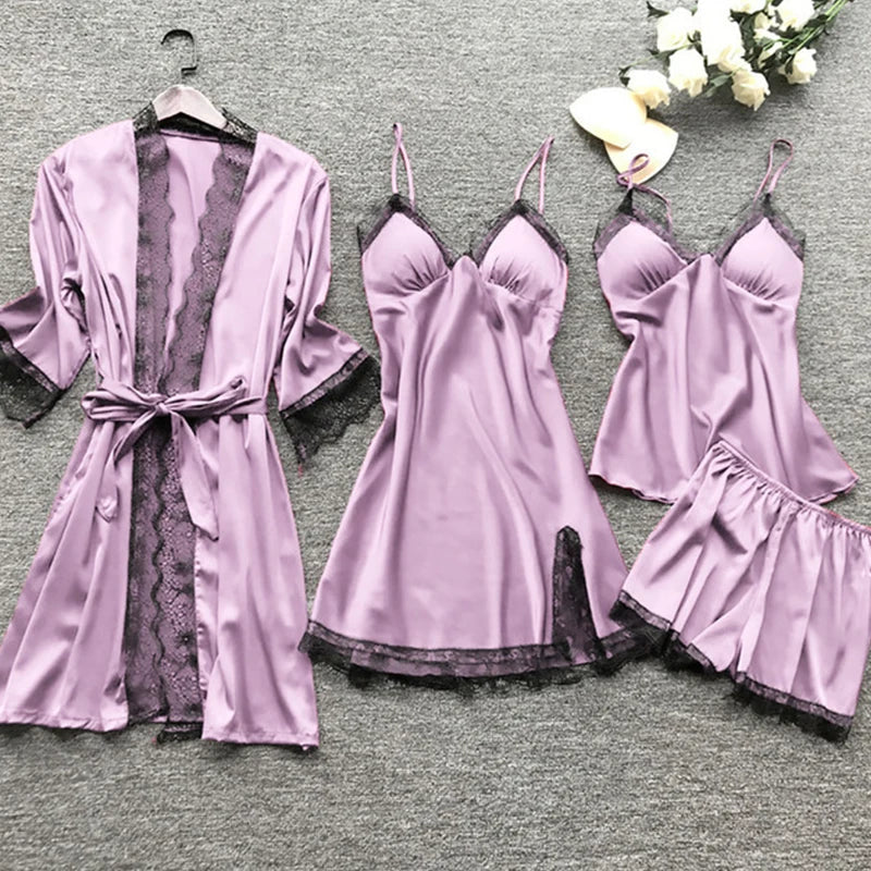 4-Piece Lace Pajama Set for Women β V-Neck Nightwear with Chest Pads