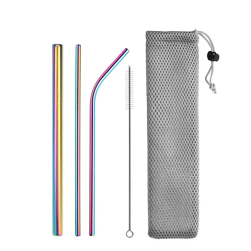 Metal Straws β Reusable 304 Stainless Steel Set with Brush & Pouch
