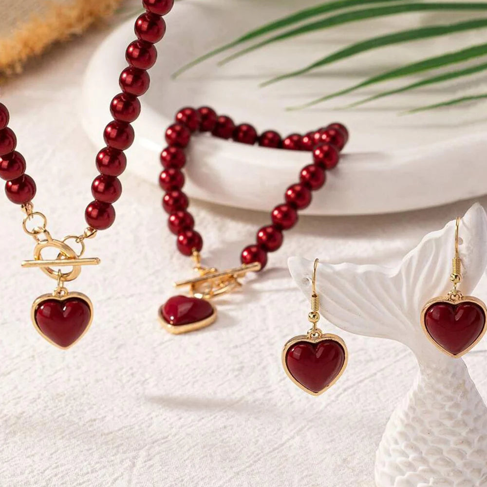 Elegant Rose Pearl Jewelry Set β 3-Piece Imitation Pearl Necklace, Bracelet & Earrings with Heart Charm