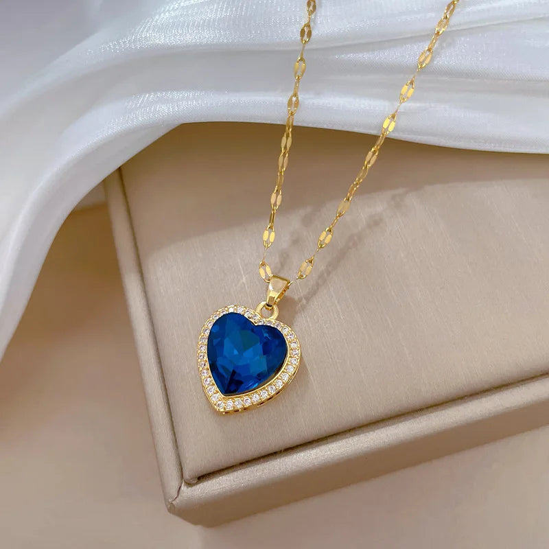 Blue Zircon Heart Pendant Necklace โ 316L Stainless Steel Clavicle Chain Jewelry Gift