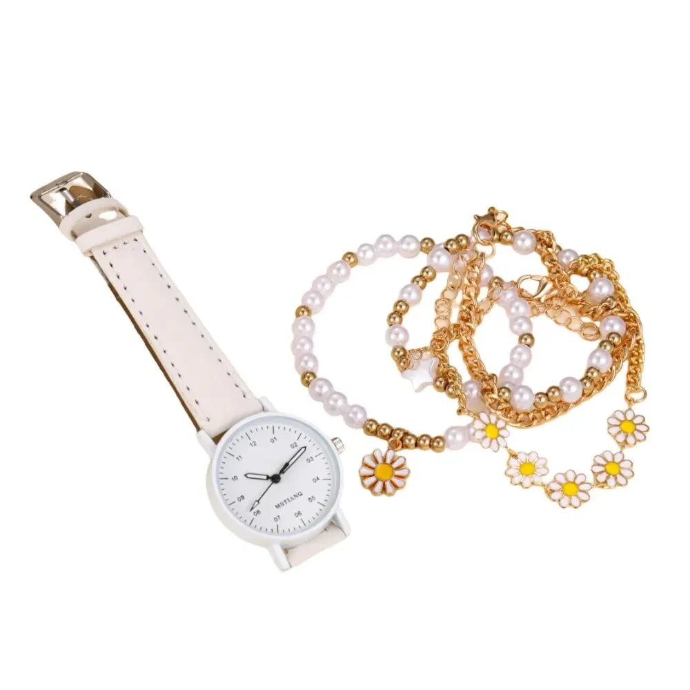 StarBloom – 5PCS Girls’ Pearl & Charm Bracelet Watch Set
