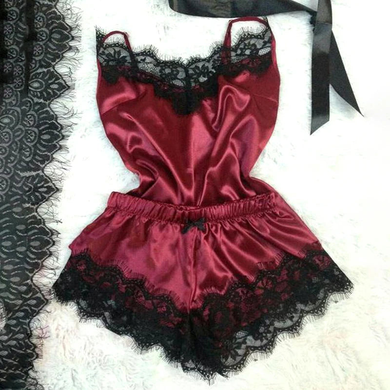 SilkWhisper – Lace Trim Satin Cami Set