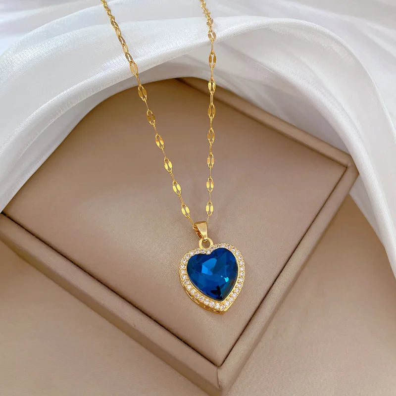 Blue Zircon Heart Pendant Necklace โ 316L Stainless Steel Clavicle Chain Jewelry Gift