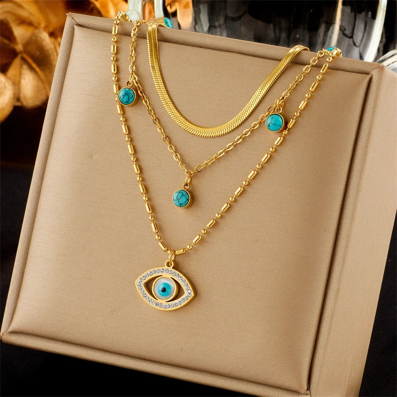 DIEYURO 316L Stainless Steel Butterfly & Moon Pendant Necklace β Blue Eyes Multilayer Choker