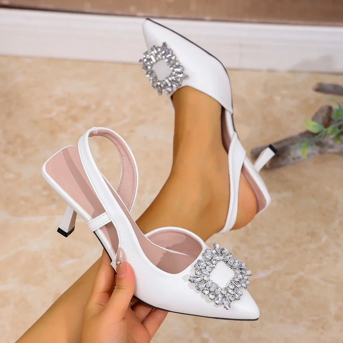 CrystalCharm β Square Buckle Thin Heel Pumps