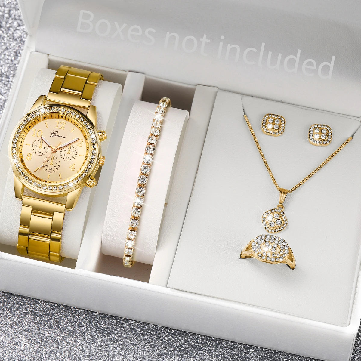 6PCS Women's Rhinestone Watch & Jewelry Set β Stainless Steel Quartz Elegance