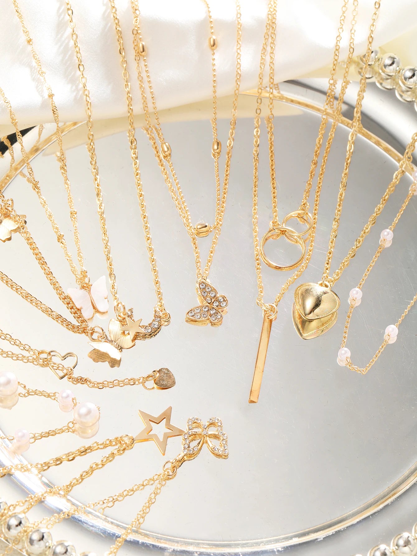 11-Piece Women’s Gold Zircon Necklace Set – Love Heart & Butterfly Pendants
