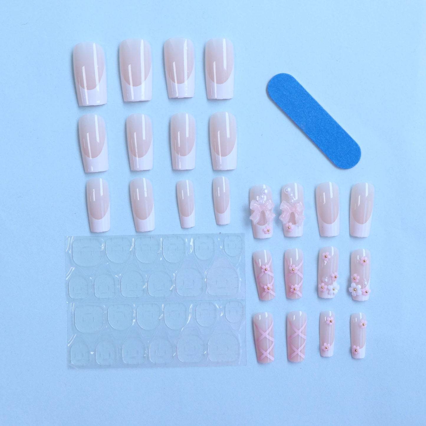24pcs Long Ballet Fake Nails β Pink & White Bow French Design
