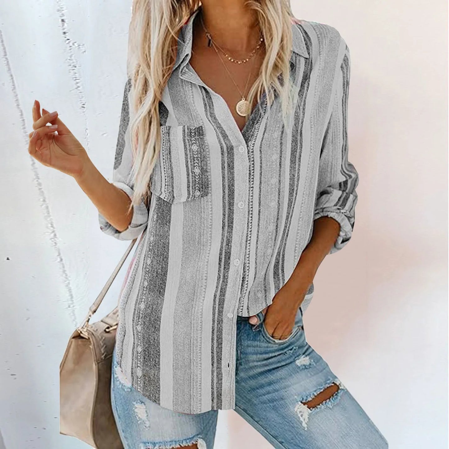 StriVibe β 2025 Striped V-Neck Button Blouse