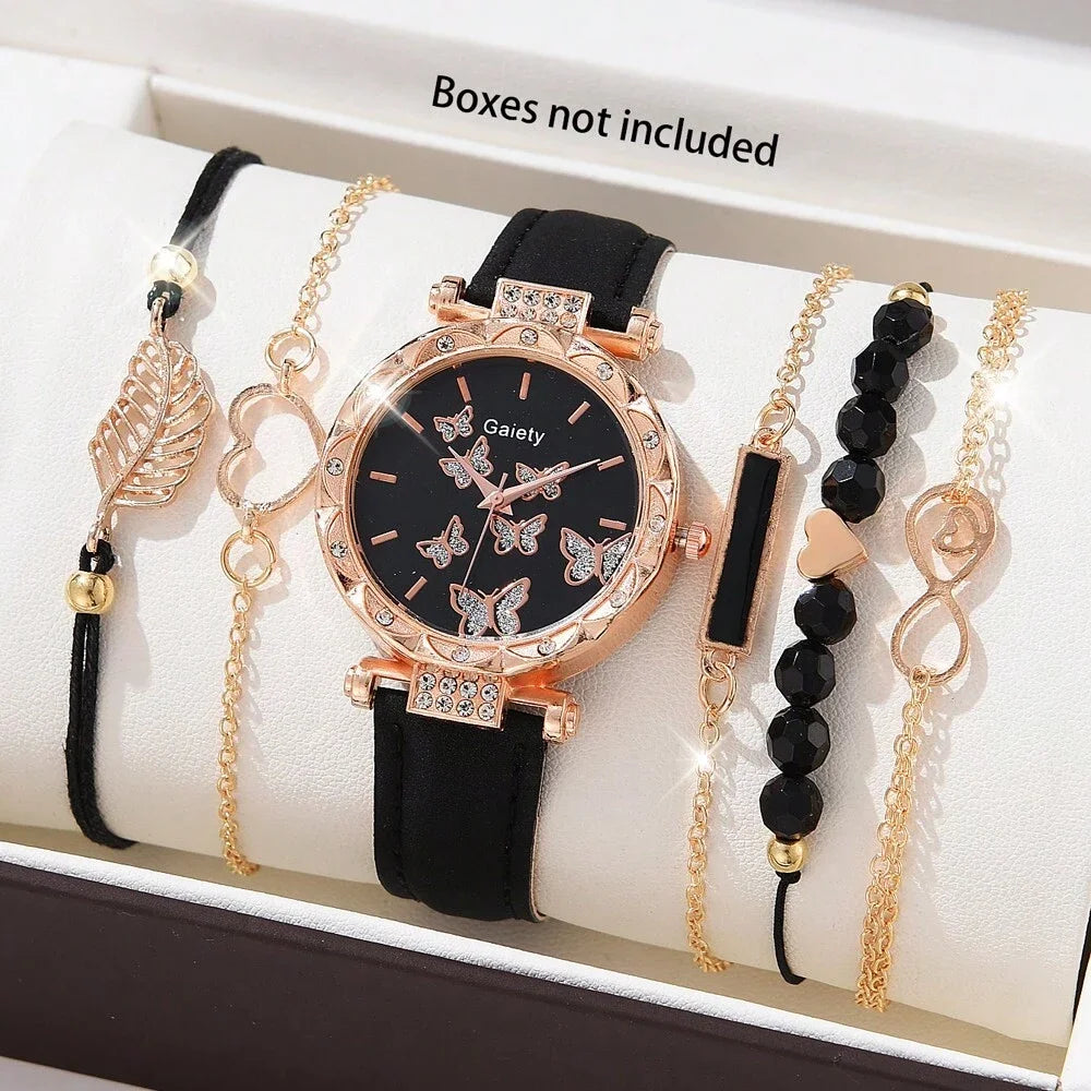 6PCS Women’s Luxury Leather Analog Quartz Watch & Bracelet Set