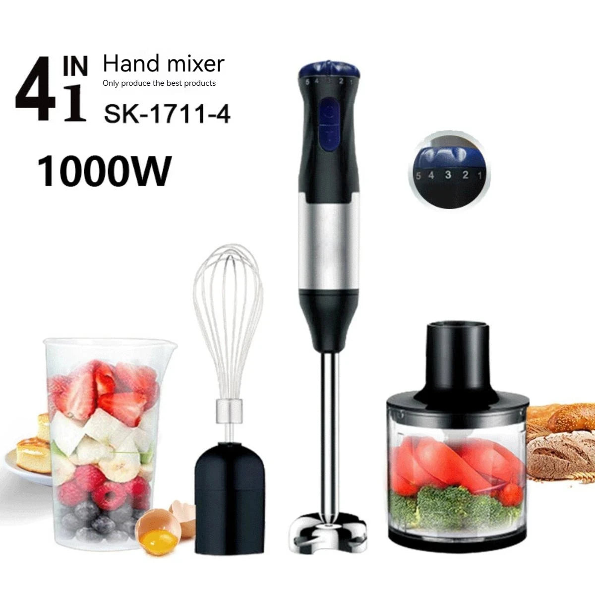 1000W Hand Immersion Blender β 4-in-1 Stick Mixer with Beaker, Chopper & Whisk