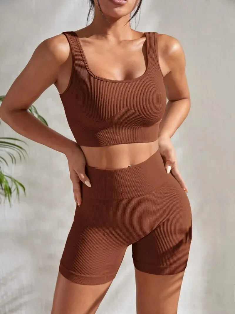 Seamless Ribbed Yoga Set β 2-Piece Crop Tank & High Waist Shorts for Women