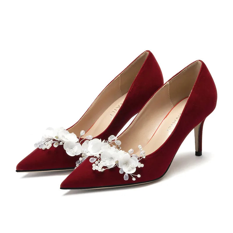 Xiuhe Elegance 2025 β Burgundy Mid Heel Bridal Shoes
