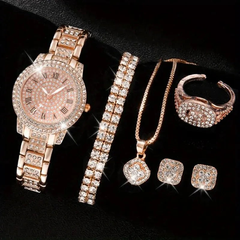 CrystalMuse Set β 6PCS Women's Luxury Watch & Rhinestone Bracelet Collection
