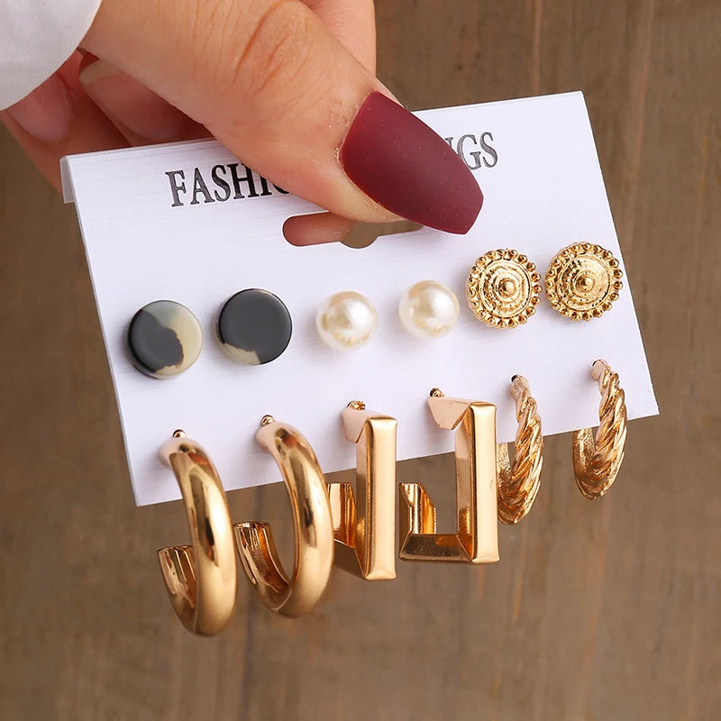 GeoPearl β Vintage Gold Geometric Pearl Earrings Set