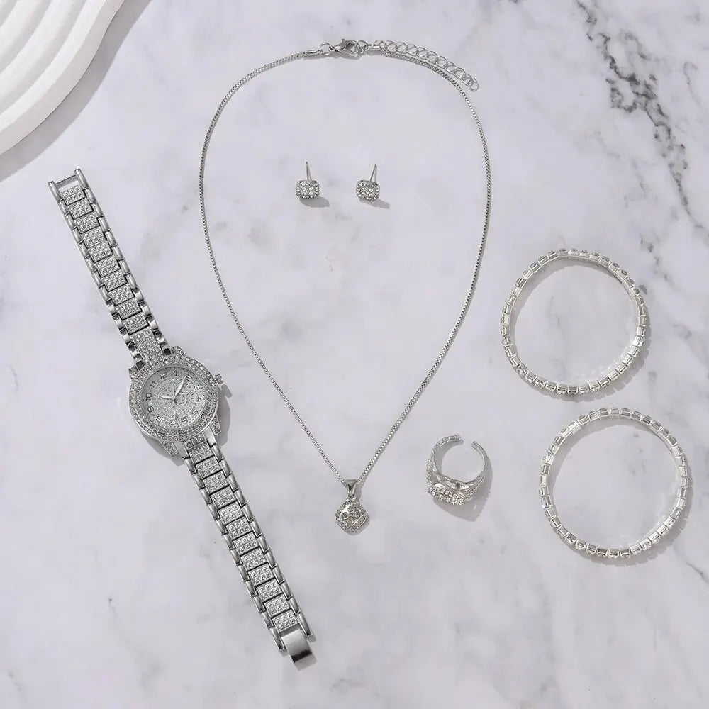 CrystalMuse Set β 6PCS Women's Luxury Watch & Rhinestone Bracelet Collection
