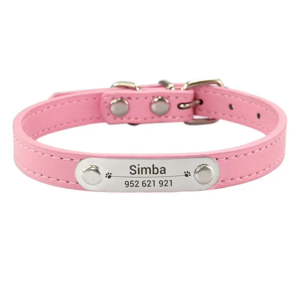 Personalized PU Leather Dog Collar β Custom Name ID Tag, Anti-Lost Design (Pink)