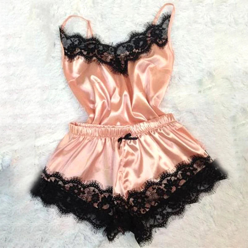SilkWhisper – Lace Trim Satin Cami Set