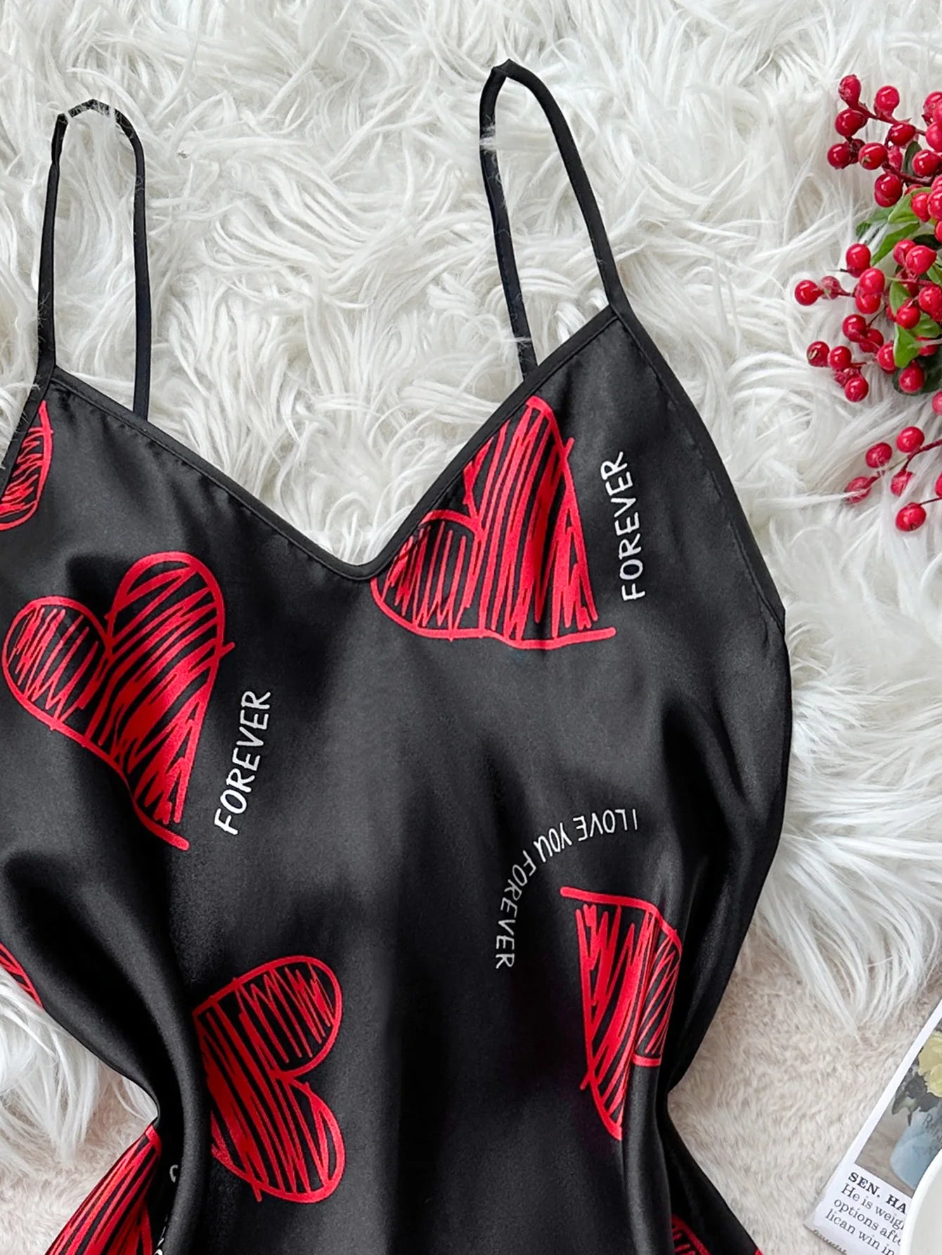 LoveLips – Red Satin Lip Print Backless Nightdress