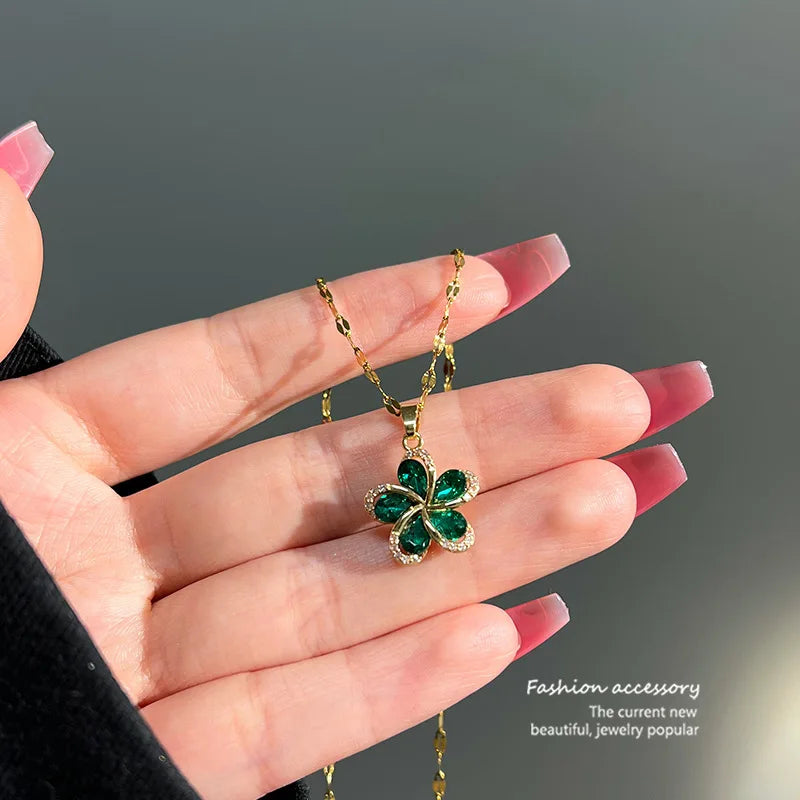 Green Zircon Flower Pendant Necklace β Stainless Steel Lucky Chain for Women