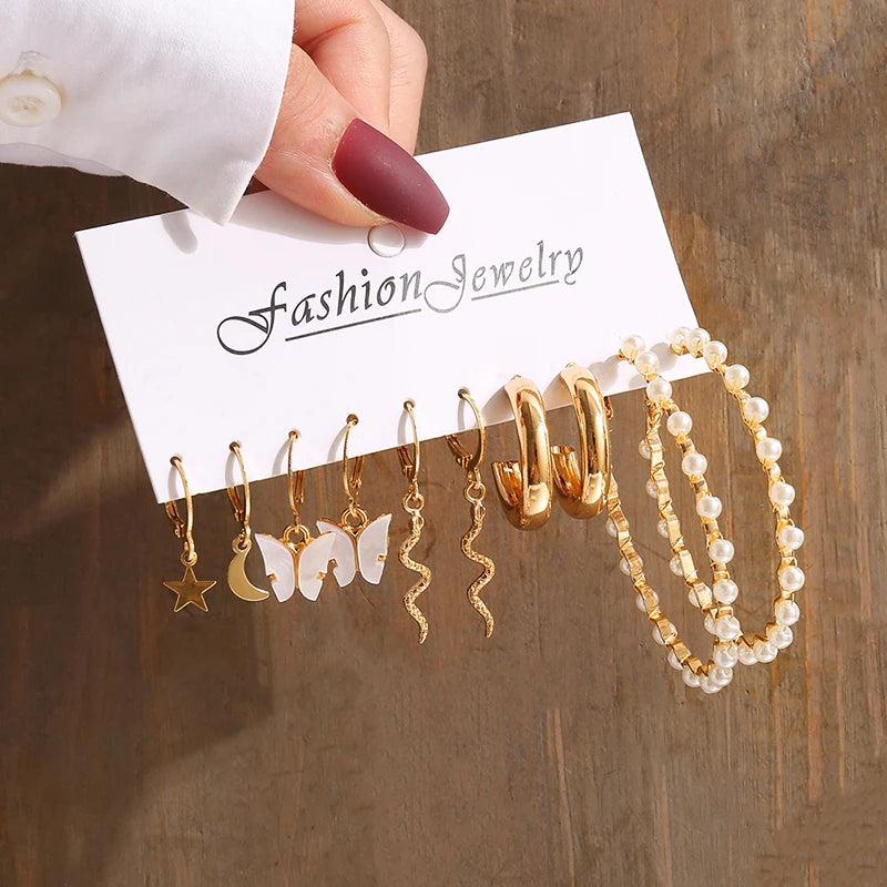 GeoPearl β Vintage Gold Geometric Pearl Earrings Set