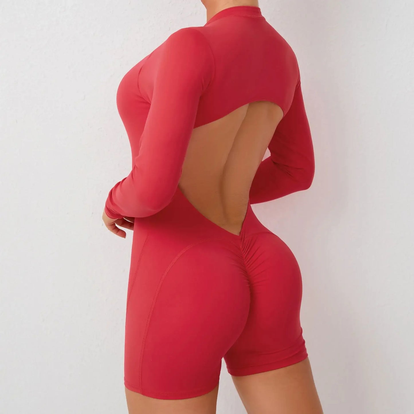 V-Back Scrunch One-Piece Jumpsuit β Push-Up Zipper Workout Bodysuit for Women