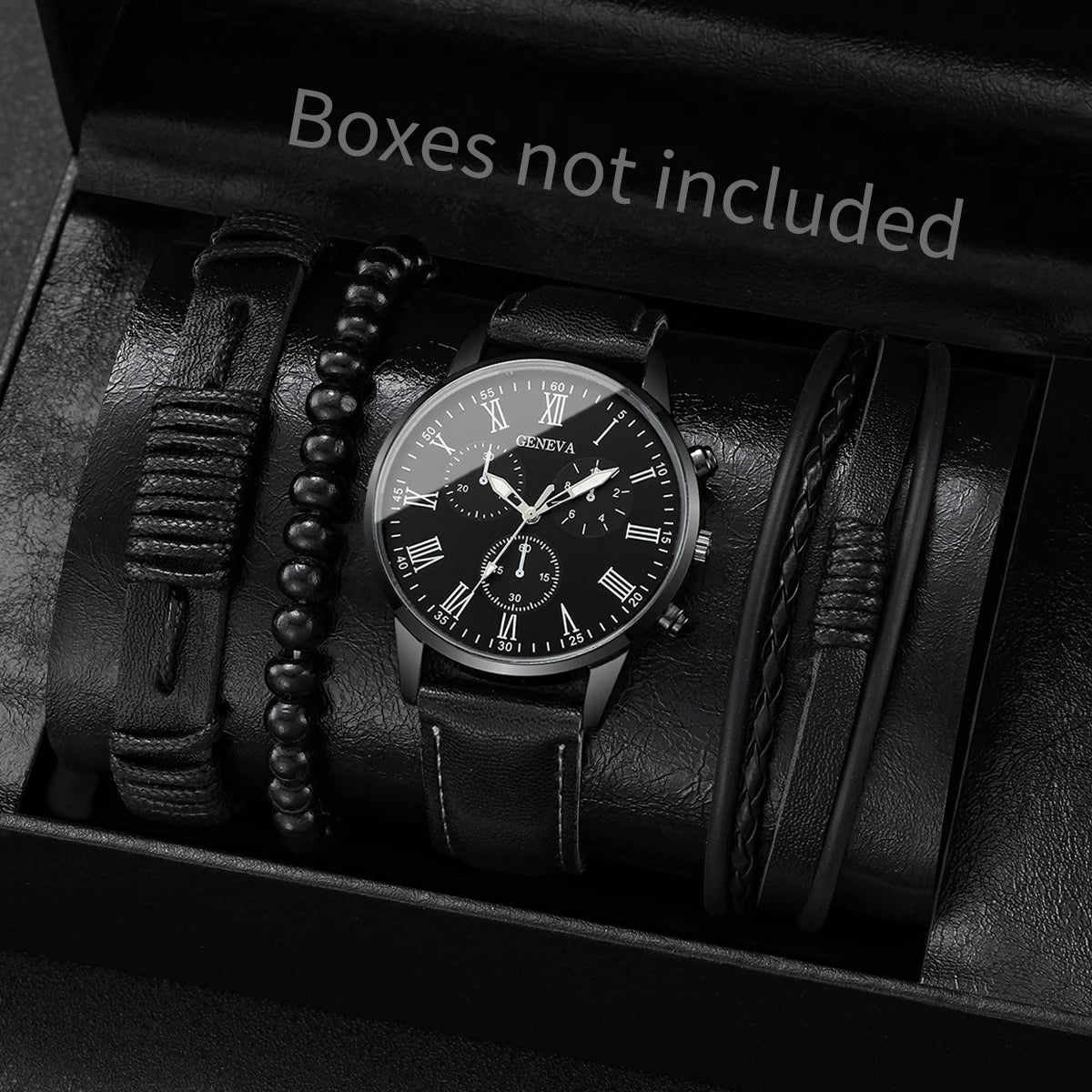 4/5-Piece Men’s Vintage Quartz Watch & Leather Bracelet Set – Business Style