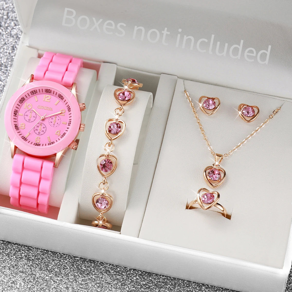 5/6PCS Women’s Fashion Watch & Jewelry Set – Silicone Band Quartz Watches Gift (No Box)