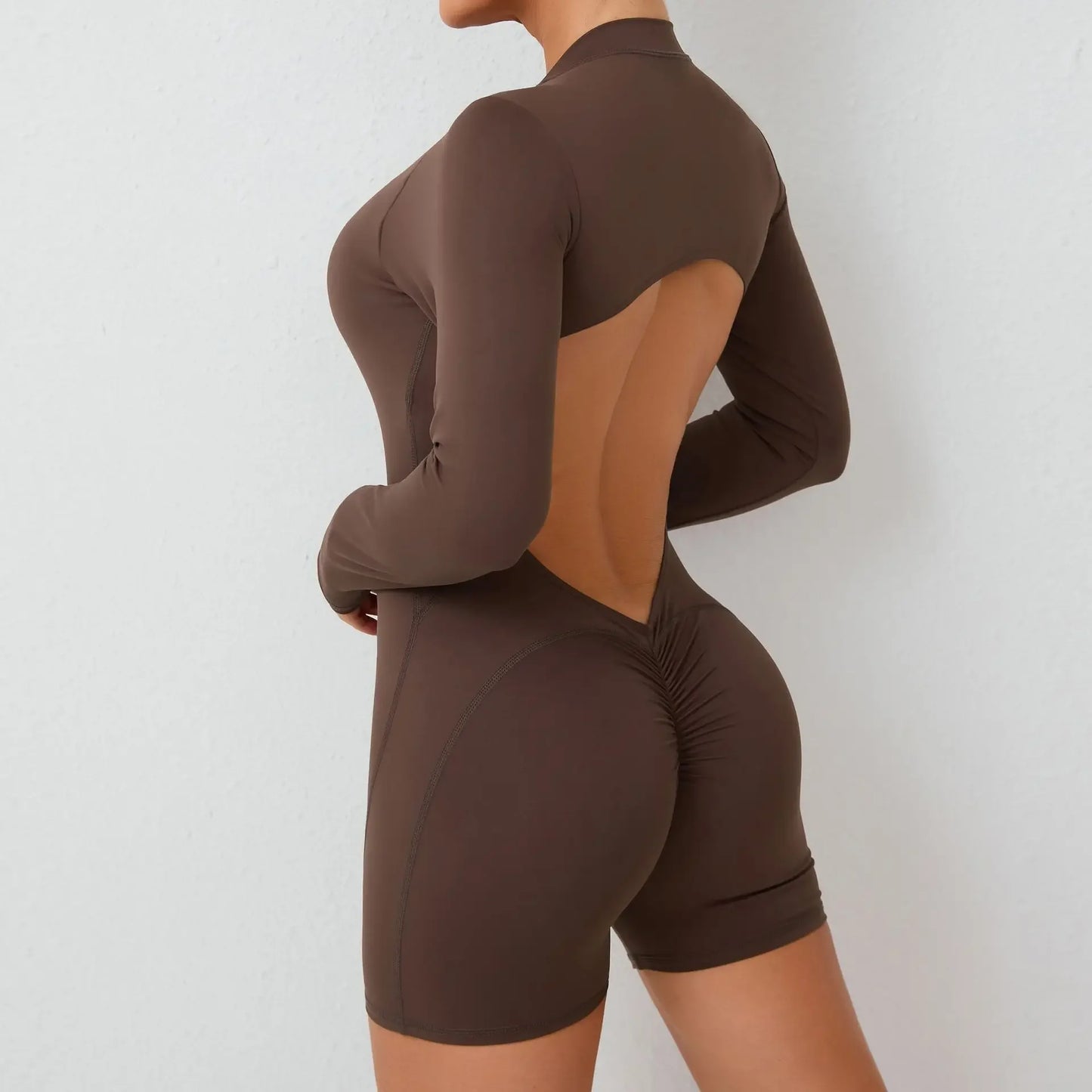 V-Back Scrunch One-Piece Jumpsuit β Push-Up Zipper Workout Bodysuit for Women