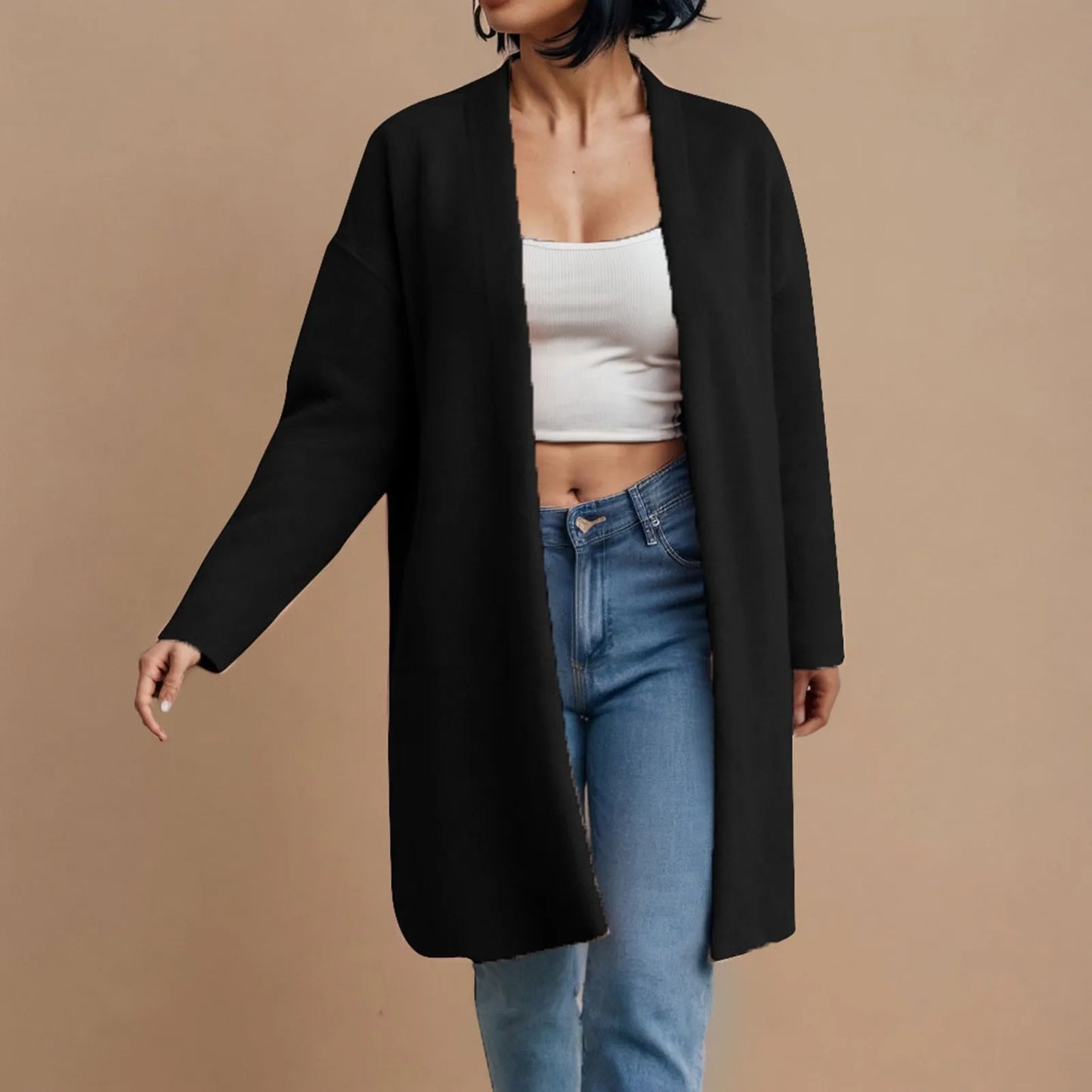 CozyEase β Women's Long Knit Cardigan with V-Neck & Open Front