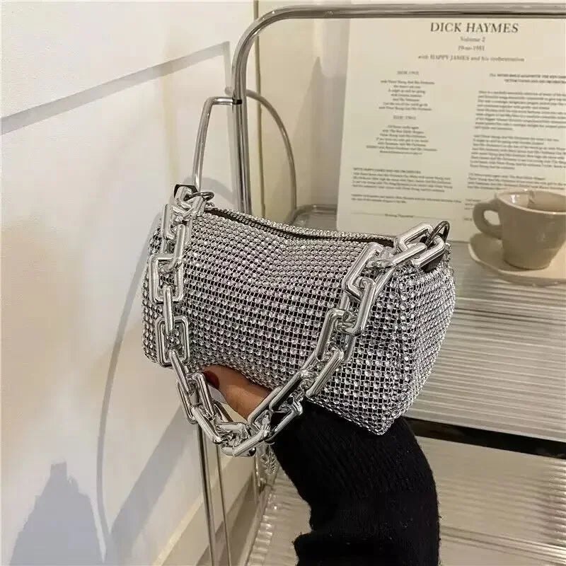 Rhinestone Bucket Bag β Glitter Mini Crossbody with Chain Strap