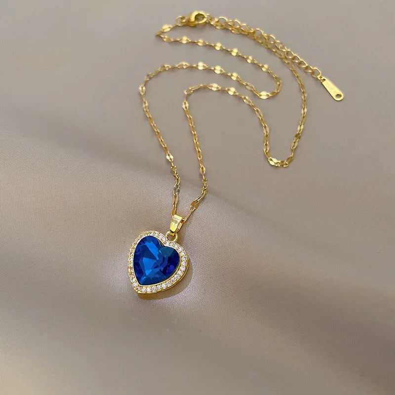 Blue Zircon Heart Pendant Necklace โ 316L Stainless Steel Clavicle Chain Jewelry Gift