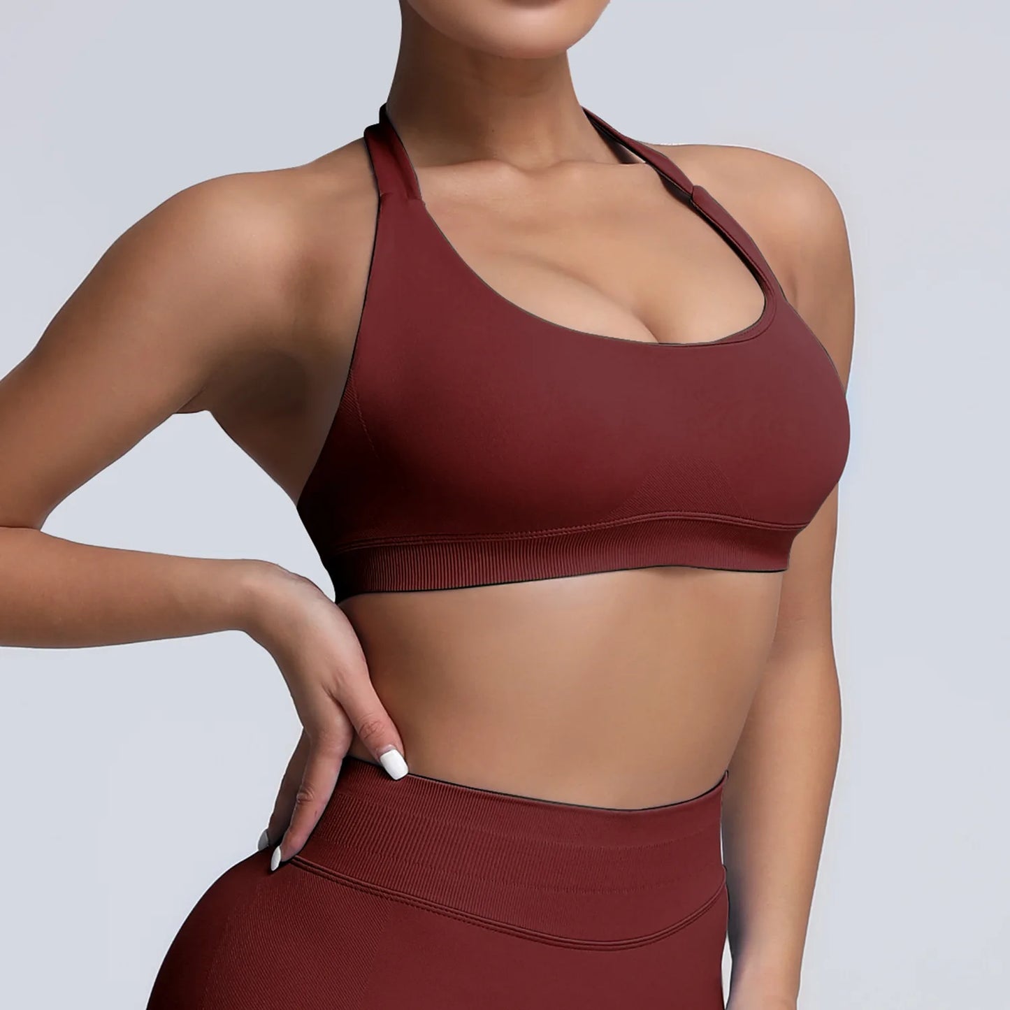 Seamless Halter Strap Sports Bra β Medium Support Padded Open-Back Yoga Crop Top