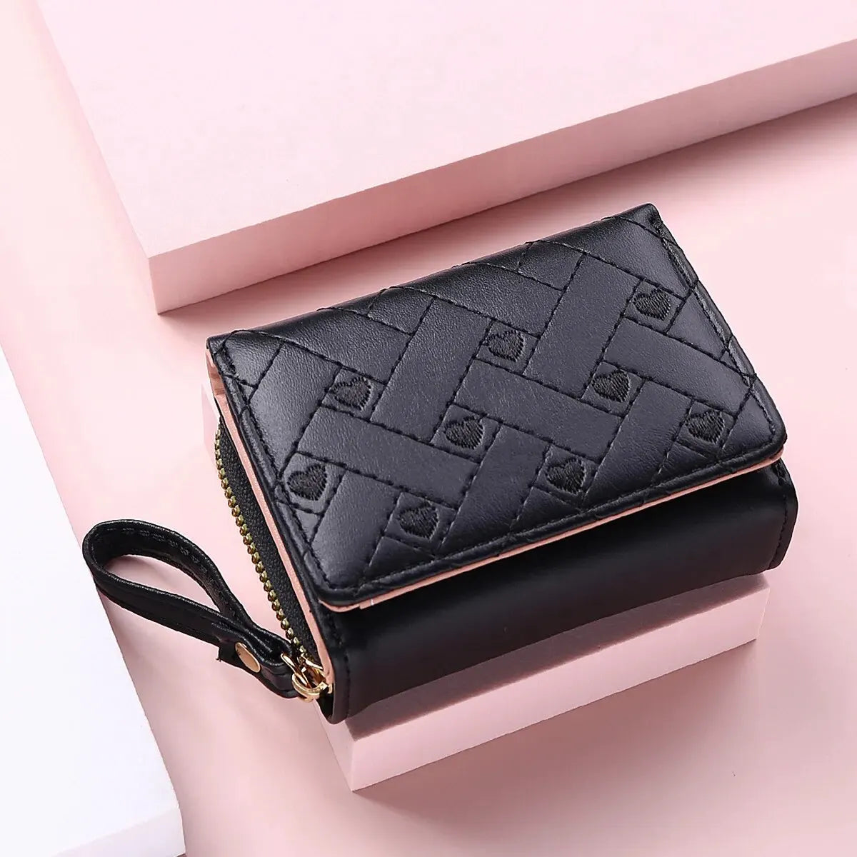 Women’s Short Embroidered Love Wallet – Large Capacity Card & Coin Zipper Bag