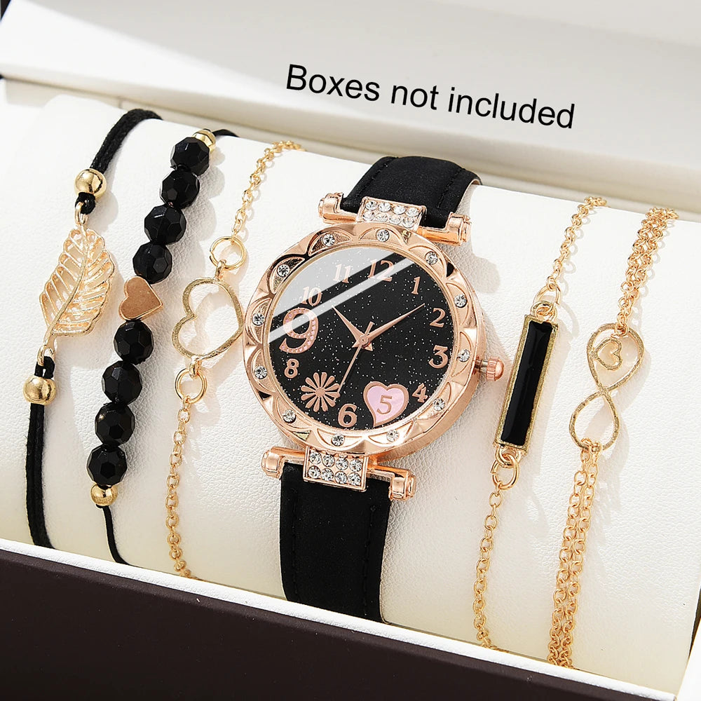 6PCS Women’s Luxury Leather Analog Quartz Watch & Bracelet Set