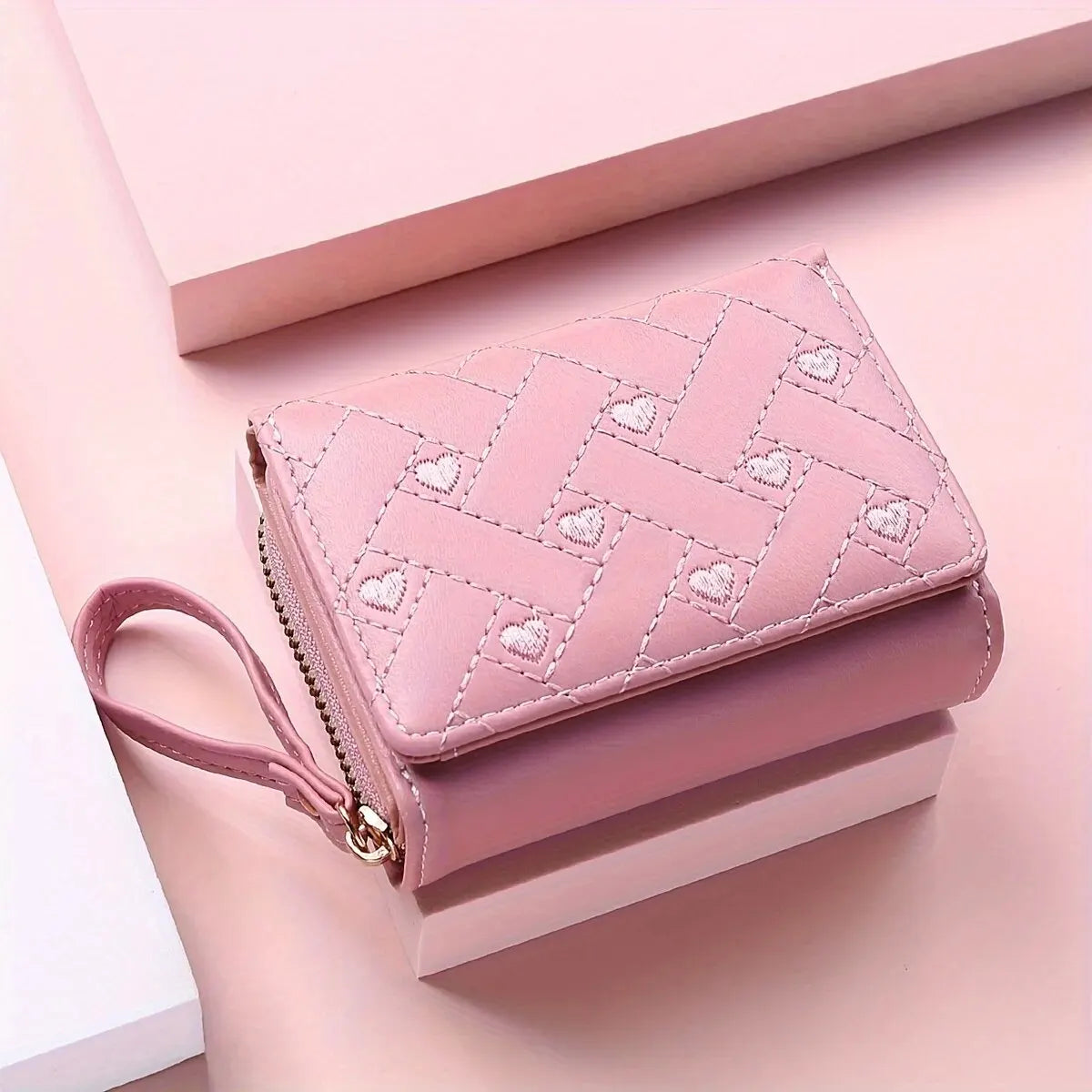Women’s Short Embroidered Love Wallet – Large Capacity Card & Coin Zipper Bag