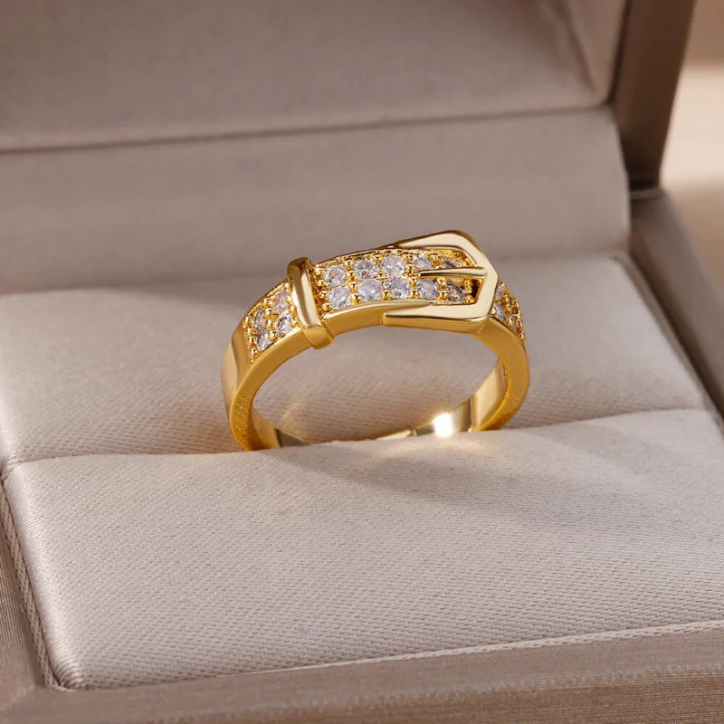 Chic Gold Buckle Adjustable Ring with Sparkling Zircon – Trendy Women’s Jewelry